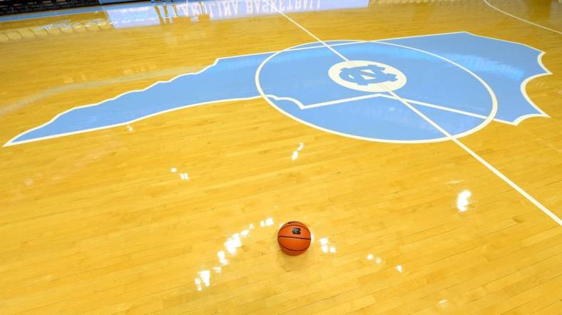 Dec 13, 2022; Chapel Hill, North Carolina, USA; A view of the center court logo at Dean E. Smith Center. Mandatory Credit: Bob Donnan-USA TODAY Sports