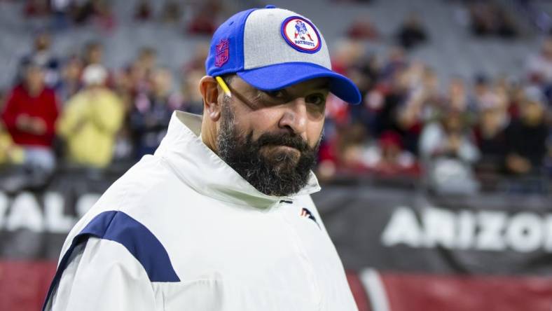 Dec 12, 2022; Glendale, Arizona, USA; New England Patriots offensive line coach Matt Patricia against the Arizona Cardinals at State Farm Stadium. Mandatory Credit: Mark J. Rebilas-USA TODAY Sports