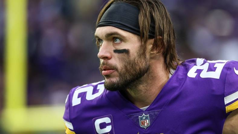 Dec 17, 2022; Minneapolis, Minnesota, USA; Minnesota Vikings safety Harrison Smith (22) looks on before the game against the Indianapolis Colts at U.S. Bank Stadium. Mandatory Credit: Matt Krohn-USA TODAY Sports