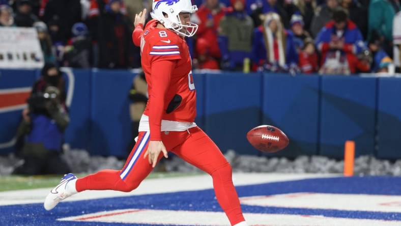 Bills punter Sam Martin kicks out of his own end zone.