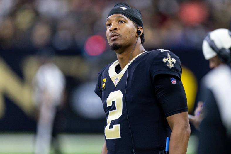 Dec 18, 2022; New Orleans, Louisiana, USA;  New Orleans Saints quarterback Jameis Winston (2) looks on against the Atlanta Falcons during the first half at Caesars Superdome. Mandatory Credit: Stephen Lew-USA TODAY Sports