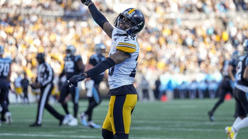 Dec 18, 2022; Charlotte, North Carolina, USA; Pittsburgh Steelers cornerback Cameron Sutton (20) looks back at fans after a red zone stop of the Carolina Panthers during the second half at Bank of America Stadium. Mandatory Credit: Jim Dedmon-USA TODAY Sports