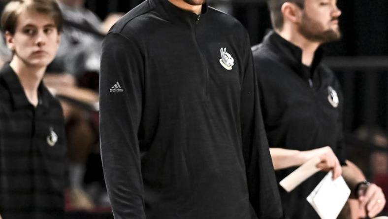 Dec 20, 2022; College Station, Texas, USA; Wofford Terriers interim head coach Dwight Perry reacts during the second half against the Texas A&M Aggies at Reed Arena. Mandatory Credit: Maria Lysaker-USA TODAY Sports