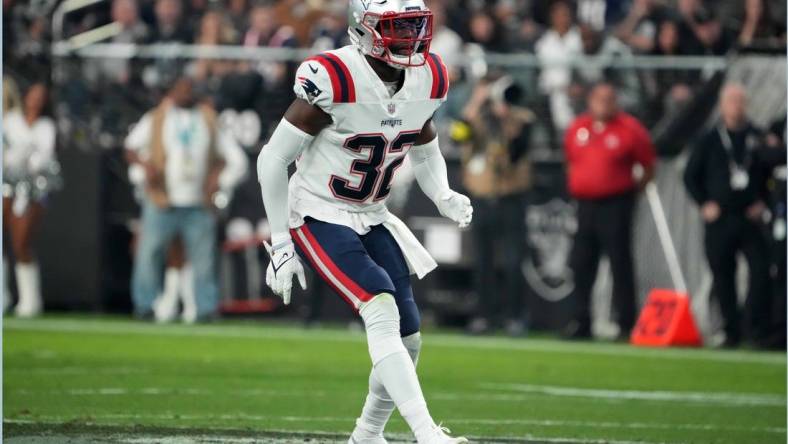 Dec 18, 2022; Paradise, Nevada, USA; New England Patriots safety Devin McCourty (32) against the Las Vegas Raiders in the second half at Allegiant Stadium. The Raiders defeated the Patriots 30-24. Mandatory Credit: Kirby Lee-USA TODAY Sports