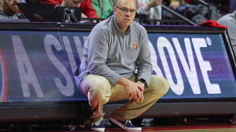 Dec 23, 2022; Piscataway, New Jersey, USA; Bucknell Bison head coach Nathan Davis during the second half against the Rutgers Scarlet Knights at Jersey Mike's Arena. Mandatory Credit: Vincent Carchietta-USA TODAY Sports