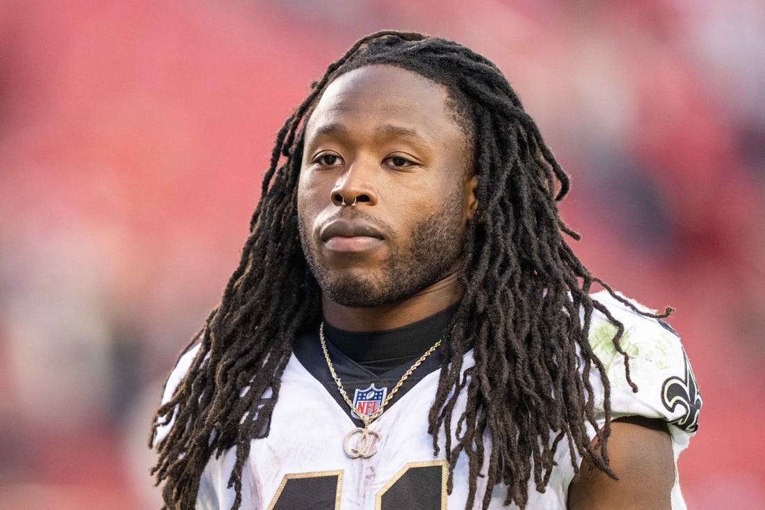 November 27, 2022; Santa Clara, California, USA; New Orleans Saints running back Alvin Kamara (41) after the game against the San Francisco 49ers at Levi's Stadium. Mandatory Credit: Kyle Terada-USA TODAY Sports