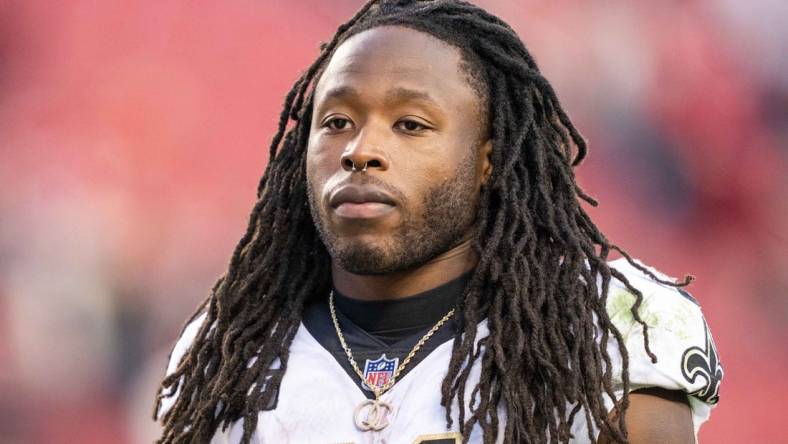 November 27, 2022; Santa Clara, California, USA; New Orleans Saints running back Alvin Kamara (41) after the game against the San Francisco 49ers at Levi's Stadium. Mandatory Credit: Kyle Terada-USA TODAY Sports