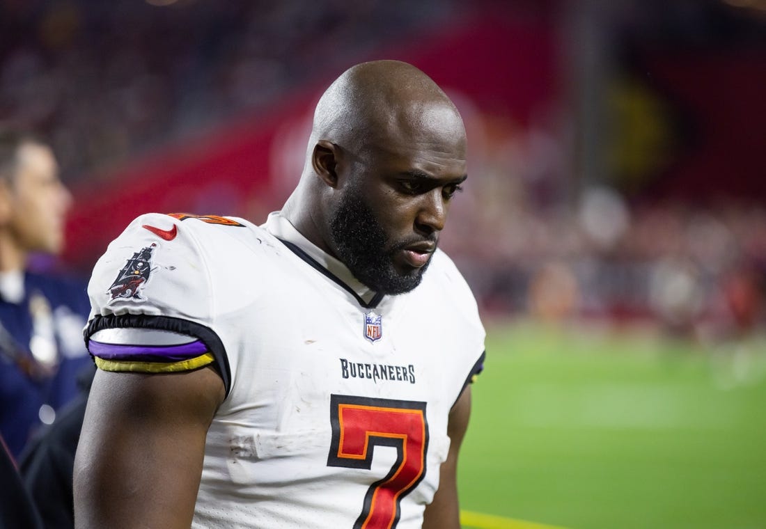 Dec 25, 2022; Glendale, Arizona, USA; Tampa Bay Buccaneers running back Leonard Fournette (7) against the Arizona Cardinals at State Farm Stadium. Mandatory Credit: Mark J. Rebilas-USA TODAY Sports