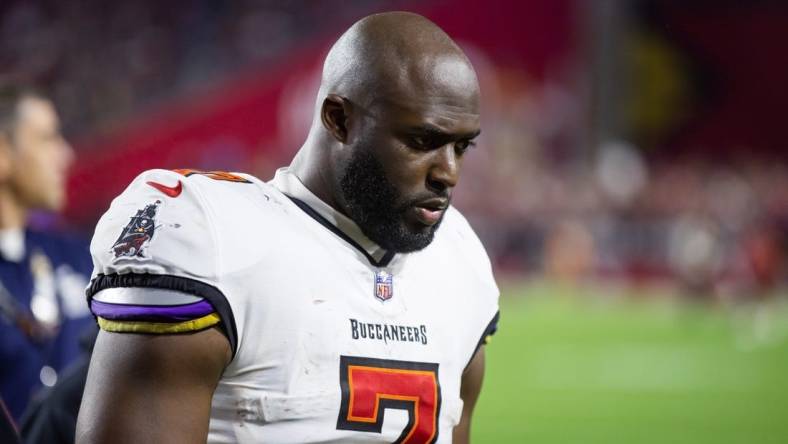 Dec 25, 2022; Glendale, Arizona, USA; Tampa Bay Buccaneers running back Leonard Fournette (7) against the Arizona Cardinals at State Farm Stadium. Mandatory Credit: Mark J. Rebilas-USA TODAY Sports