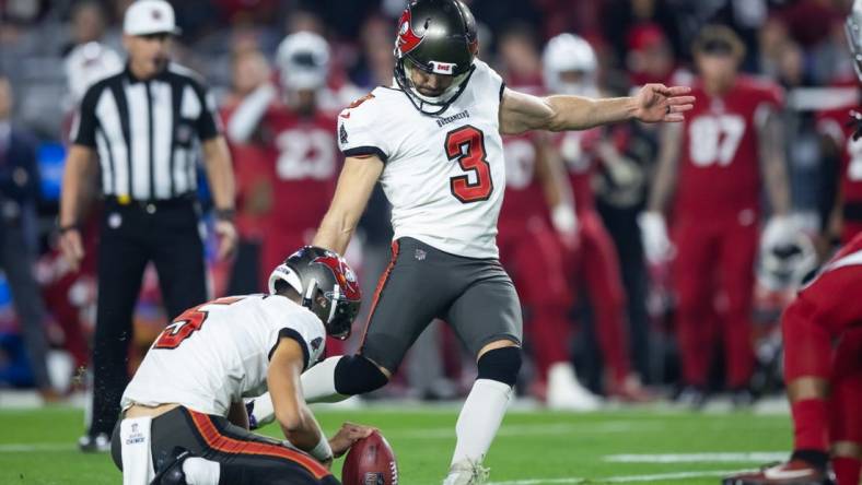 Dec 25, 2022; Glendale, Arizona, USA; Tampa Bay Buccaneers kicker Ryan Succop (3) against the Arizona Cardinals at State Farm Stadium. Mandatory Credit: Mark J. Rebilas-USA TODAY Sports