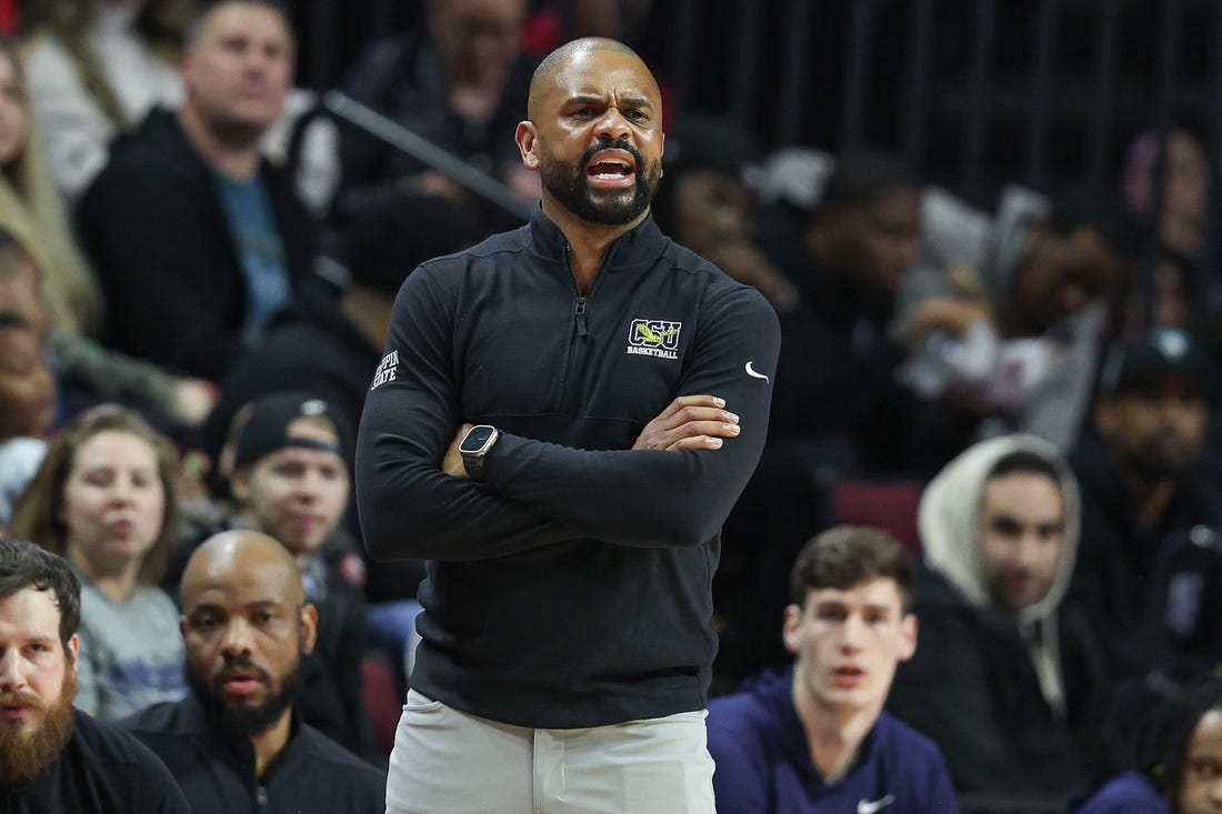 Dec 30, 2022; Piscataway, New Jersey, USA; Coppin State Eagles head coach Juan Dixon reacts during the first half against the Rutgers Scarlet Knights at Jersey Mike's Arena. Mandatory Credit: Vincent Carchietta-USA TODAY Sports