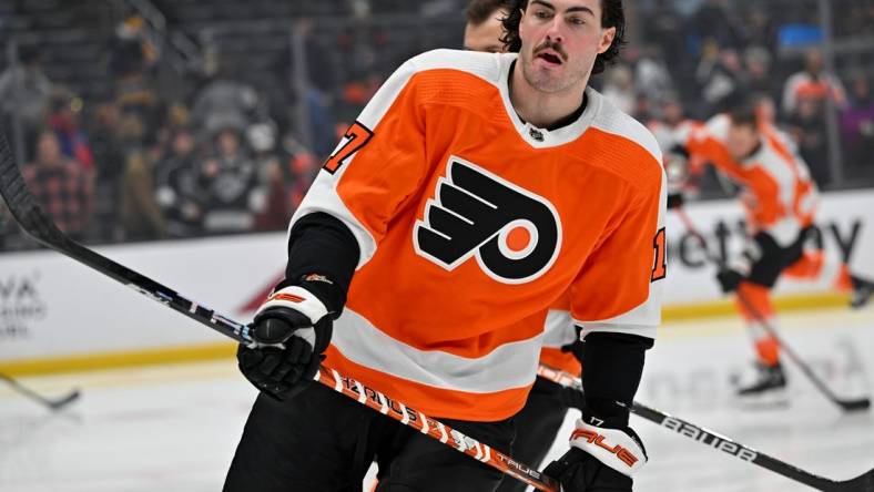 Dec 31, 2022; Los Angeles, California, USA;  Philadelphia Flyers center Zack MacEwen (17) warms up prior to the game against the Los Angeles Kings at Crypto.com Arena. Mandatory Credit: Jayne Kamin-Oncea-USA TODAY Sports