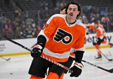 Dec 31, 2022; Los Angeles, California, USA;  Philadelphia Flyers center Zack MacEwen (17) warms up prior to the game against the Los Angeles Kings at Crypto.com Arena. Mandatory Credit: Jayne Kamin-Oncea-USA TODAY Sports