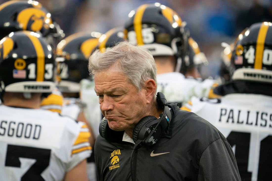 Iowa head coach Kirk Ferentz walks to the sideline during a timeout in the third quarter of the TransPerfect Music City Bowl game against Kentucky at Nissan Stadium Saturday, Dec. 31, 2022, in Nashville, Tenn. Iowa defeated Kentucky 21 to 0 in the first shutout in bowl history.

Ncaa Football Music City Bowl Iowa At Kentucky