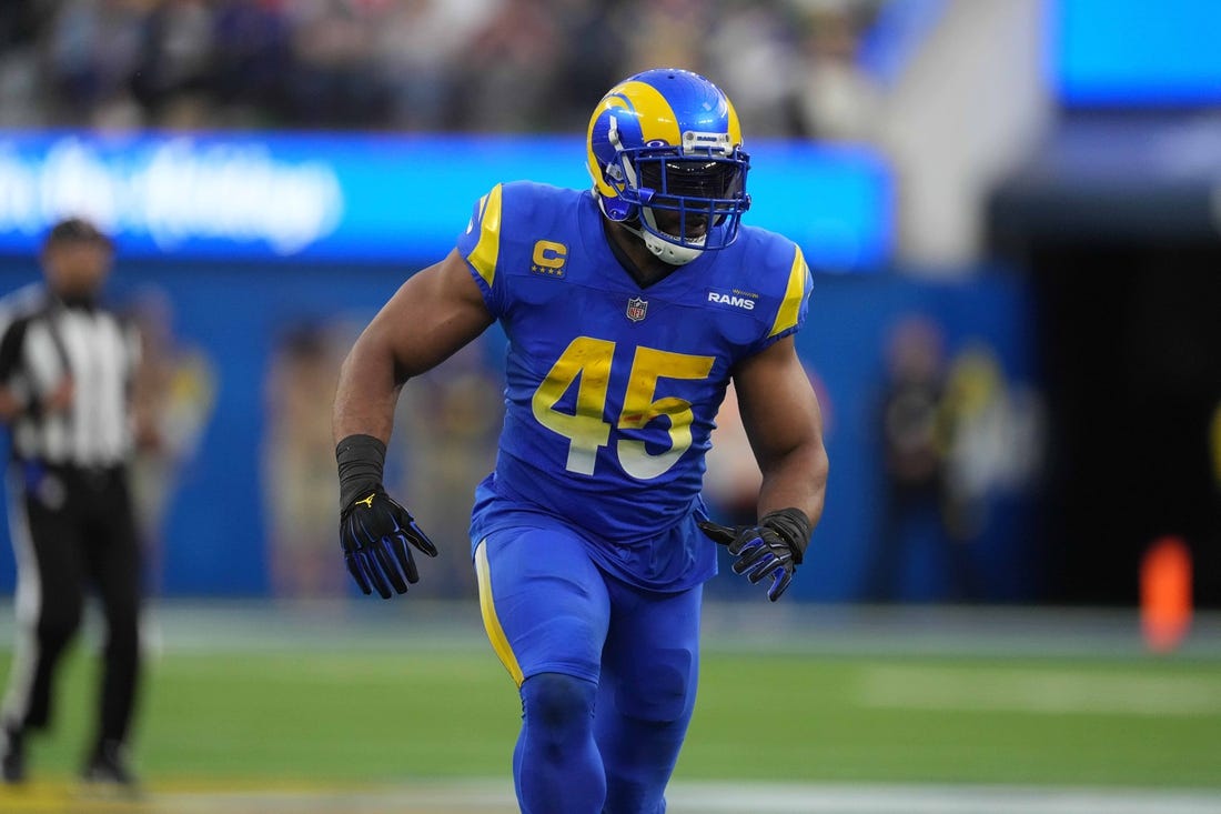 Dec 25, 2022; Inglewood, California, USA; Los Angeles Rams linebacker Bobby Wagner (45) in the second half against the Denver Broncos at SoFi Stadium. Mandatory Credit: Kirby Lee-USA TODAY Sports