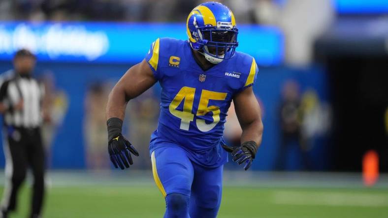 Dec 25, 2022; Inglewood, California, USA; Los Angeles Rams linebacker Bobby Wagner (45) in the second half against the Denver Broncos at SoFi Stadium. Mandatory Credit: Kirby Lee-USA TODAY Sports