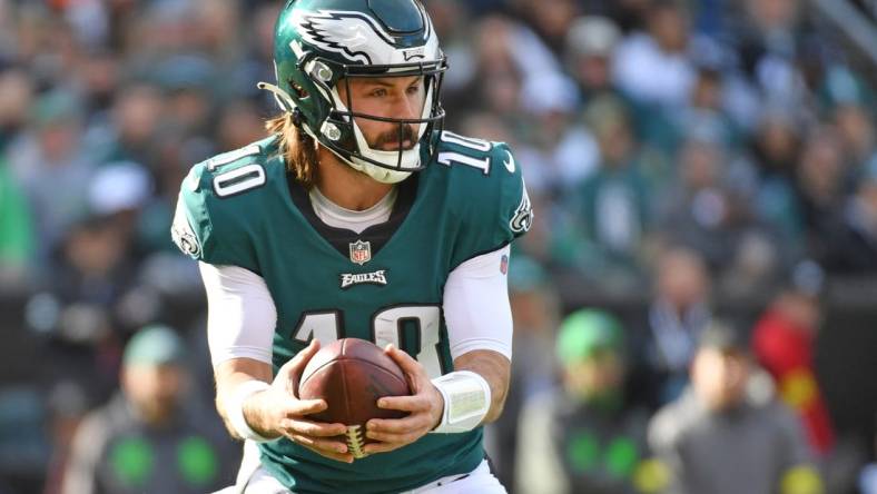 Jan 1, 2023; Philadelphia, Pennsylvania, USA; Philadelphia Eagles quarterback Gardner Minshew (10) against the New Orleans Saints at Lincoln Financial Field. Mandatory Credit: Eric Hartline-USA TODAY Sports