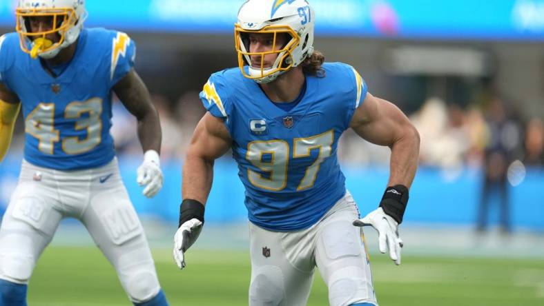 Jan 1, 2023; Inglewood, California, USA; Los Angeles Chargers linebacker Joey Bosa (97) against the Los Angeles Rams at SoFi Stadium. Mandatory Credit: Kirby Lee-USA TODAY Sports