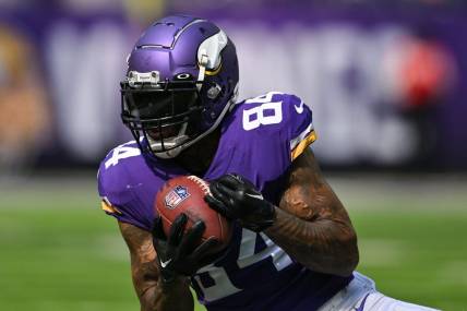 Sep 25, 2022; Minneapolis, Minnesota, USA; Minnesota Vikings tight end Irv Smith Jr. (84) in action against the Detroit Lions at U.S. Bank Stadium. Mandatory Credit: Jeffrey Becker-USA TODAY Sports