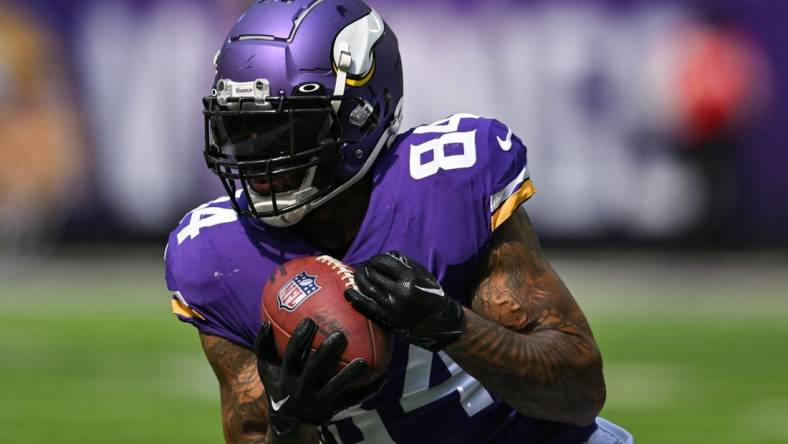 Sep 25, 2022; Minneapolis, Minnesota, USA; Minnesota Vikings tight end Irv Smith Jr. (84) in action against the Detroit Lions at U.S. Bank Stadium. Mandatory Credit: Jeffrey Becker-USA TODAY Sports