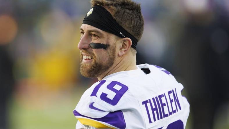 Jan 1, 2023; Green Bay, Wisconsin, USA;  Minnesota Vikings wide receiver Adam Thielen (19) during warmups prior to the game against the Green Bay Packers at Lambeau Field. Mandatory Credit: Jeff Hanisch-USA TODAY Sports