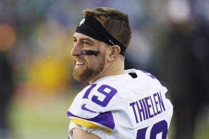 Jan 1, 2023; Green Bay, Wisconsin, USA;  Minnesota Vikings wide receiver Adam Thielen (19) during warmups prior to the game against the Green Bay Packers at Lambeau Field. Mandatory Credit: Jeff Hanisch-USA TODAY Sports