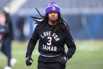 Jan 8, 2023; Chicago, Illinois, USA; Minnesota Vikings wide receiver K.J. Osborn (17) warms up wearing a shirt honoring Buffalo Bills Safety Damar Hamlin (3) before the game against the Chicago Bears at Soldier Field. Mandatory Credit: Daniel Bartel-USA TODAY Sports