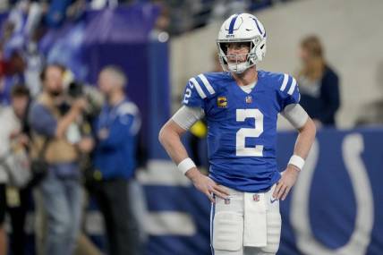 Jan. 8, 2023; Indianapolis, IN; Indianapolis Colts quarterback Matt Ryan (2) walks on the field Sunday, Jan. 8, 2023, before a game against the Houston Texans at Lucas Oil Stadium in Indianapolis. Mandatory Credit: Robert Scheer-USA TODAY NETWORK