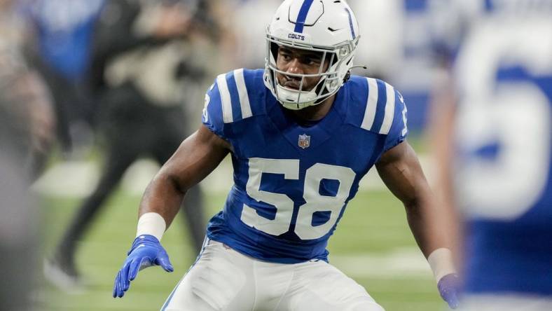 Jan 8, 2023; Indianapolis, Indiana, USA; Indianapolis Colts linebacker Bobby Okereke (58) warms up Sunday, Jan. 8, 2023, before a game against the Houston Texans at Lucas Oil Stadium. Mandatory Credit: Robert Scheer-USA TODAY Sports