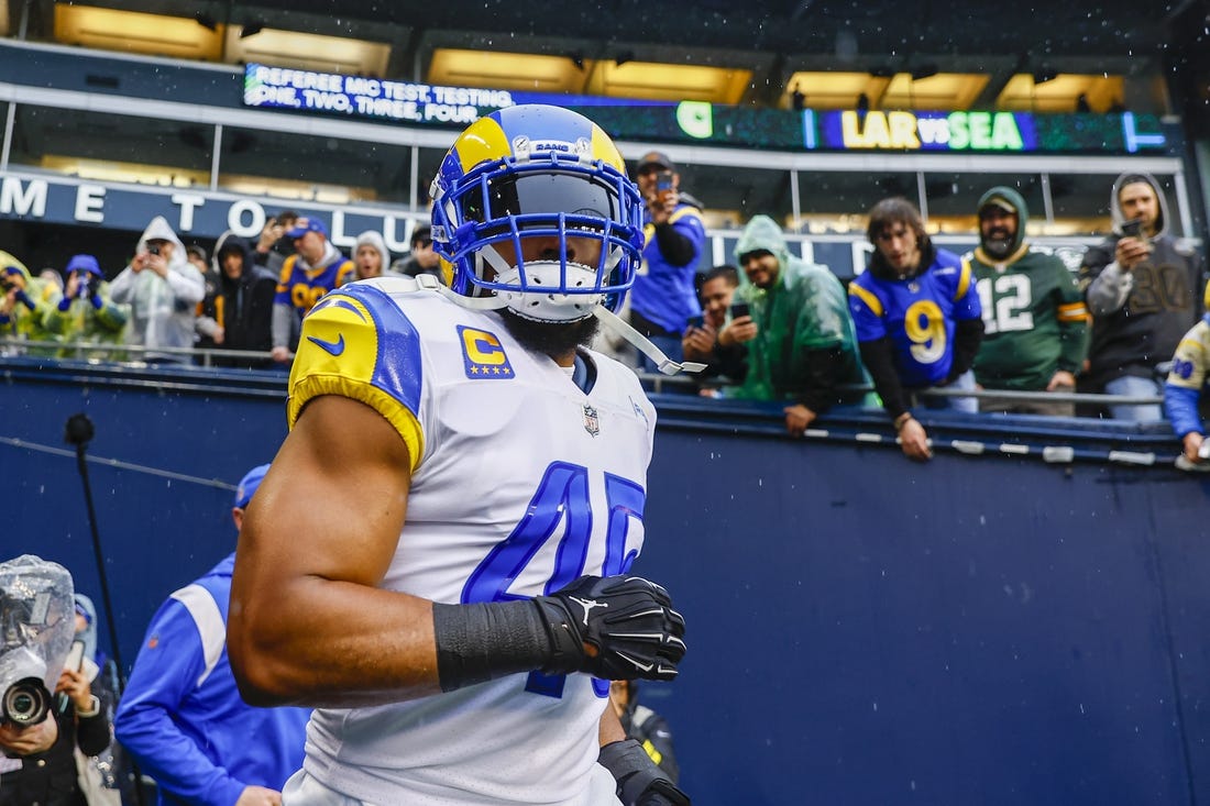 Jan 8, 2023; Seattle, Washington, USA; Los Angeles Rams linebacker Bobby Wagner (45) exits the locker room during pregame warmups against the Seattle Seahawks at Lumen Field. Mandatory Credit: Joe Nicholson-USA TODAY Sports