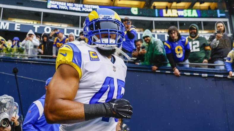 Jan 8, 2023; Seattle, Washington, USA; Los Angeles Rams linebacker Bobby Wagner (45) exits the locker room during pregame warmups against the Seattle Seahawks at Lumen Field. Mandatory Credit: Joe Nicholson-USA TODAY Sports