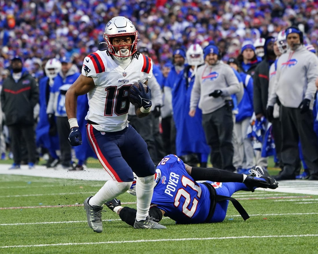 Jan 8, 2023; Orchard Park, New York, USA; New England Patriots wide receiver Jakobi Meyers (16) runs with the ball against the Buffalo Bills during the second half at Highmark Stadium. Mandatory Credit: Gregory Fisher-USA TODAY Sports