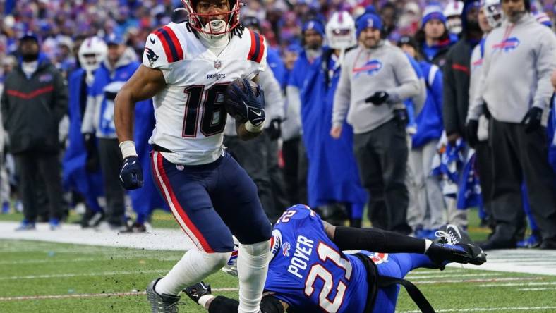 Jan 8, 2023; Orchard Park, New York, USA; New England Patriots wide receiver Jakobi Meyers (16) runs with the ball against the Buffalo Bills during the second half at Highmark Stadium. Mandatory Credit: Gregory Fisher-USA TODAY Sports