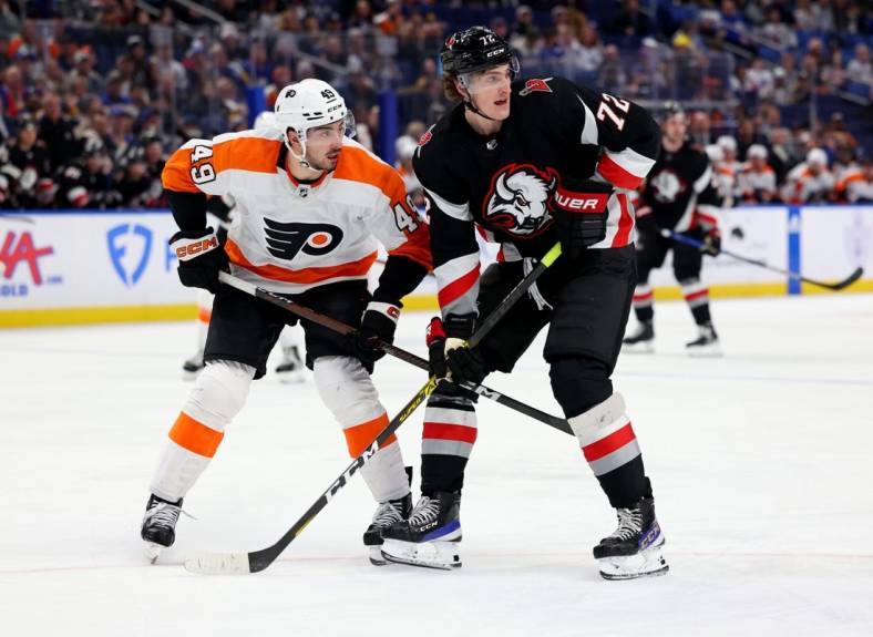 Jan 9, 2023; Buffalo, New York, USA;  Philadelphia Flyers left wing Noah Cates (49) and Buffalo Sabres center Tage Thompson (72) look for the puck during the second period at KeyBank Center. Mandatory Credit: Timothy T. Ludwig-USA TODAY Sports