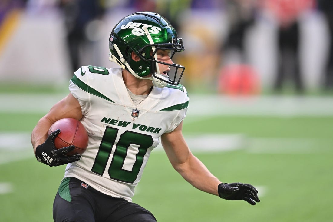 Dec 4, 2022; Minneapolis, Minnesota, USA; New York Jets wide receiver Braxton Berrios (10) in action during the game against the Minnesota Vikings at U.S. Bank Stadium. Mandatory Credit: Jeffrey Becker-USA TODAY Sports