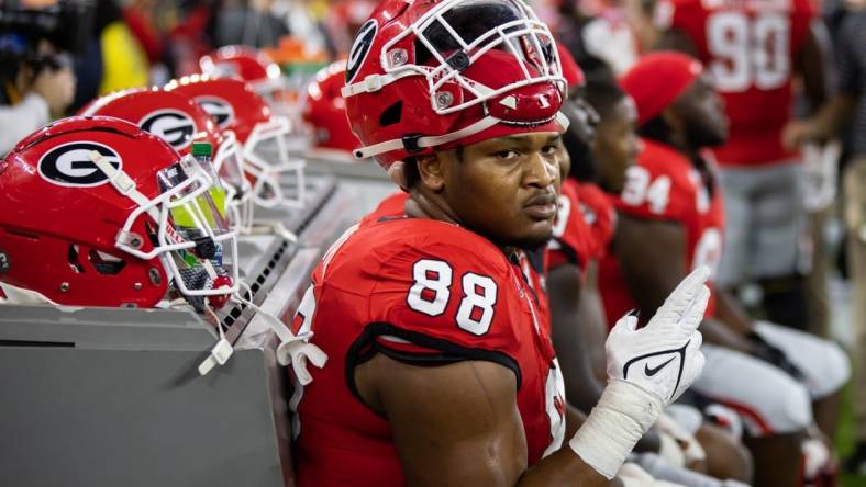 Jan 9, 2023; Inglewood, CA, USA; Georgia Bulldogs defensive lineman Jalen Carter (88) against the TCU Horned Frogs during the CFP national championship game at SoFi Stadium. Mandatory Credit: Mark J. Rebilas-USA TODAY Sports