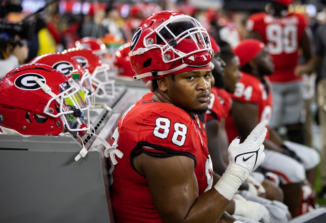 Jan 9, 2023; Inglewood, CA, USA; Georgia Bulldogs defensive lineman Jalen Carter (88) against the TCU Horned Frogs during the CFP national championship game at SoFi Stadium. Mandatory Credit: Mark J. Rebilas-USA TODAY Sports