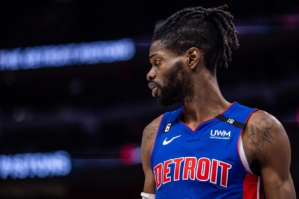 Jan 11, 2023; Detroit, Michigan, USA; Detroit Pistons center Nerlens Noel (9) looks on during a pause in play in the second quarter against the Minnesota Timberwolves at Little Caesars Arena. Mandatory Credit: Allison Farrand-USA TODAY Sports
