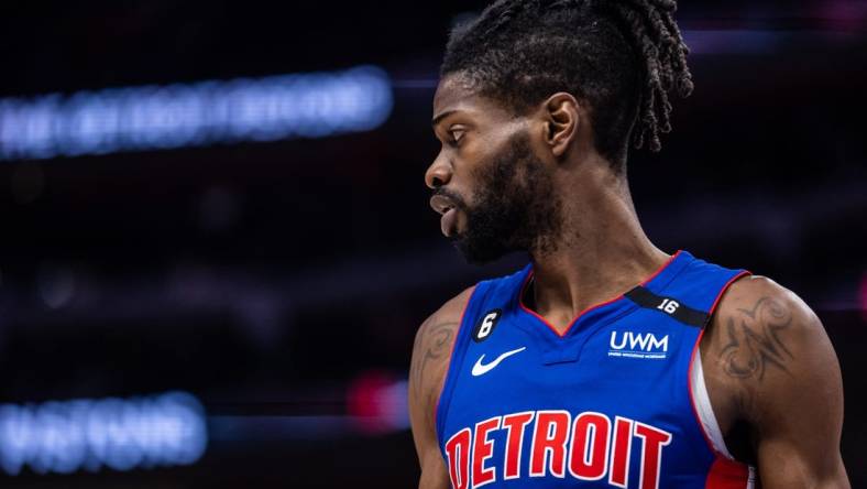 Jan 11, 2023; Detroit, Michigan, USA; Detroit Pistons center Nerlens Noel (9) looks on during a pause in play in the second quarter against the Minnesota Timberwolves at Little Caesars Arena. Mandatory Credit: Allison Farrand-USA TODAY Sports