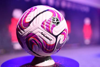 Jan 12, 2023; Philadelphia, Pennsylvania, USA; A general view of an official game ball during the NWSL Draft at Pennsylvania Convention Center. Mandatory Credit: Kyle Ross-USA TODAY Sports