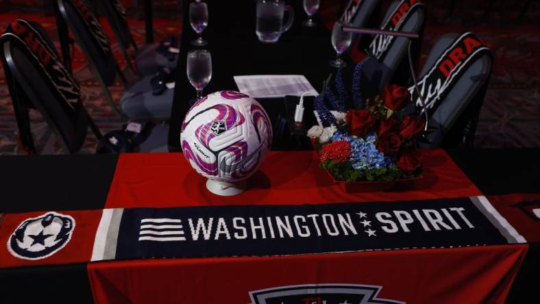 Jan 12, 2023; Philadelphia, Pennsylvania, USA; A general view of the Washington Spirit table prior to the NWSL Draft at Pennsylvania Convention Center. Mandatory Credit: Geoff Burke-USA TODAY Sports