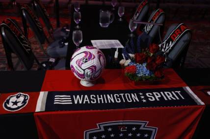 Jan 12, 2023; Philadelphia, Pennsylvania, USA; A general view of the Washington Spirit table prior to the NWSL Draft at Pennsylvania Convention Center. Mandatory Credit: Geoff Burke-USA TODAY Sports