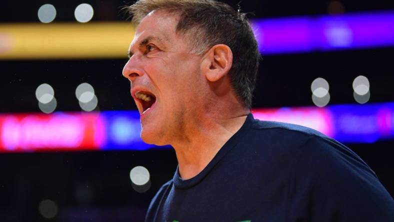 Jan 12, 2023; Los Angeles, California, USA; Dallas Mavericks owner Mark Cuban watches game action against the Los Angeles Lakers during overtime at Crypto.com Arena. Mandatory Credit: Gary A. Vasquez-USA TODAY Sports