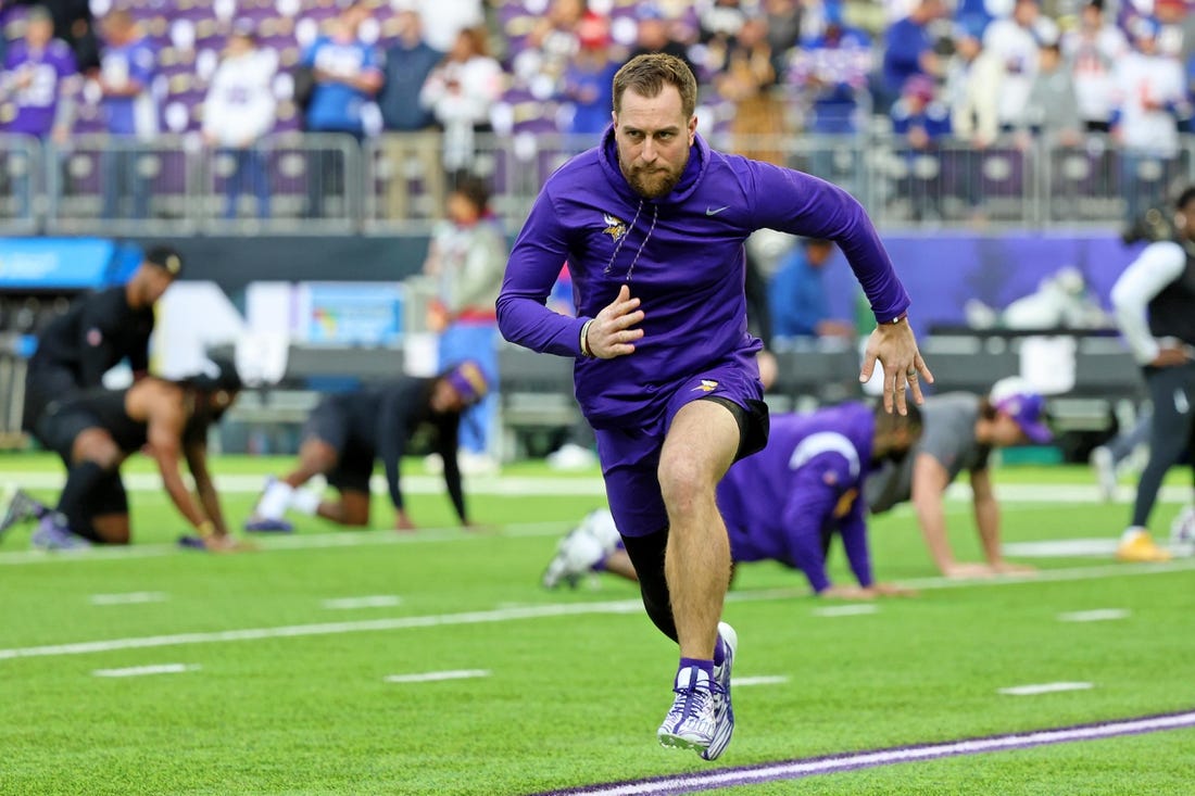 Jan 15, 2023; Minneapolis, Minnesota, USA; Minnesota Vikings wide receiver Adam Thielen (19) warms up before a wild card game against the New York Giants at U.S. Bank Stadium. Mandatory Credit: Matt Krohn-USA TODAY Sports