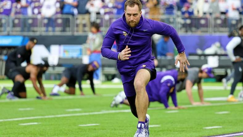 Jan 15, 2023; Minneapolis, Minnesota, USA; Minnesota Vikings wide receiver Adam Thielen (19) warms up before a wild card game against the New York Giants at U.S. Bank Stadium. Mandatory Credit: Matt Krohn-USA TODAY Sports