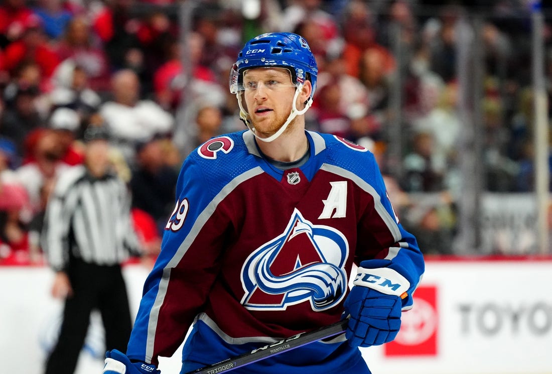 Jan 16, 2023; Denver, Colorado, USA; Colorado Avalanche center Nathan MacKinnon (29) during the second period against the Detroit Red Wings at Ball Arena. Mandatory Credit: Ron Chenoy-USA TODAY Sports