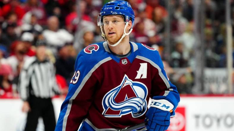 Jan 16, 2023; Denver, Colorado, USA; Colorado Avalanche center Nathan MacKinnon (29) during the second period against the Detroit Red Wings at Ball Arena. Mandatory Credit: Ron Chenoy-USA TODAY Sports