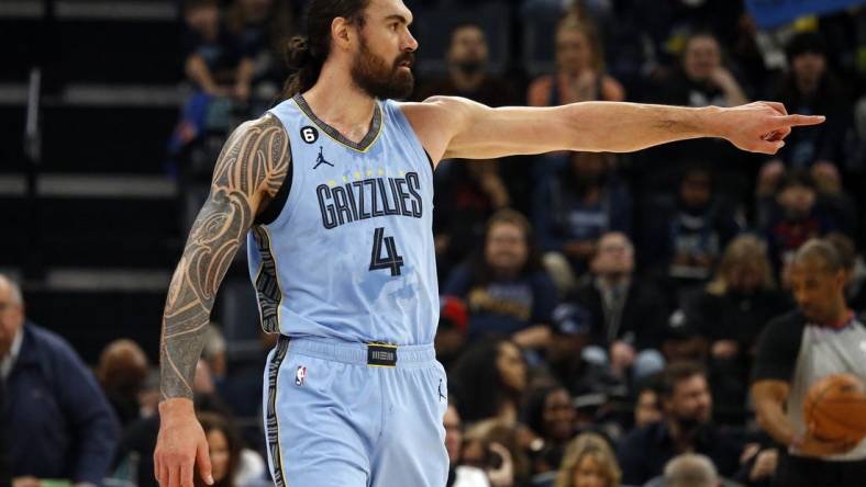 Jan 16, 2023; Memphis, Tennessee, USA; Memphis Grizzlies center Steven Adams (4) gives direction during the first half against the Phoenix Suns at FedExForum. Mandatory Credit: Petre Thomas-USA TODAY Sports