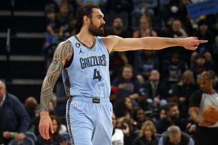 Jan 16, 2023; Memphis, Tennessee, USA; Memphis Grizzlies center Steven Adams (4) gives direction during the first half against the Phoenix Suns at FedExForum. Mandatory Credit: Petre Thomas-USA TODAY Sports