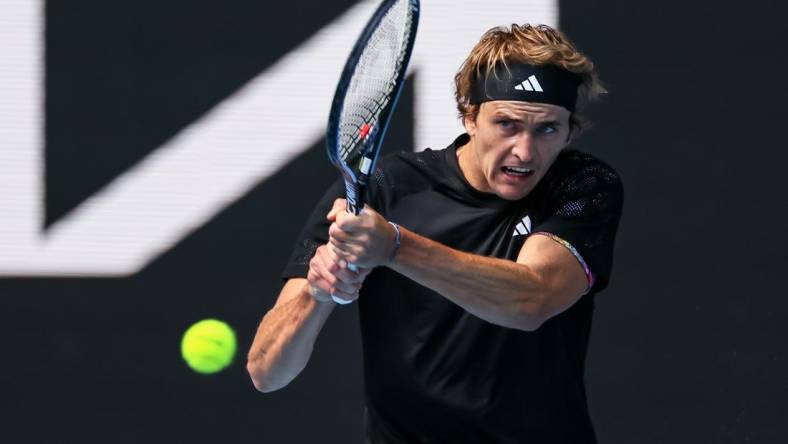 Jan 19, 2023; Melbourne, VICTORIA, Australia; Alexander Zverev from Germany during his second round match against Michael Mmoh from the United States on day four of the 2023 Australian Open tennis tournament at Melbourne Park. Mandatory Credit: Mike Frey-USA TODAY Sports